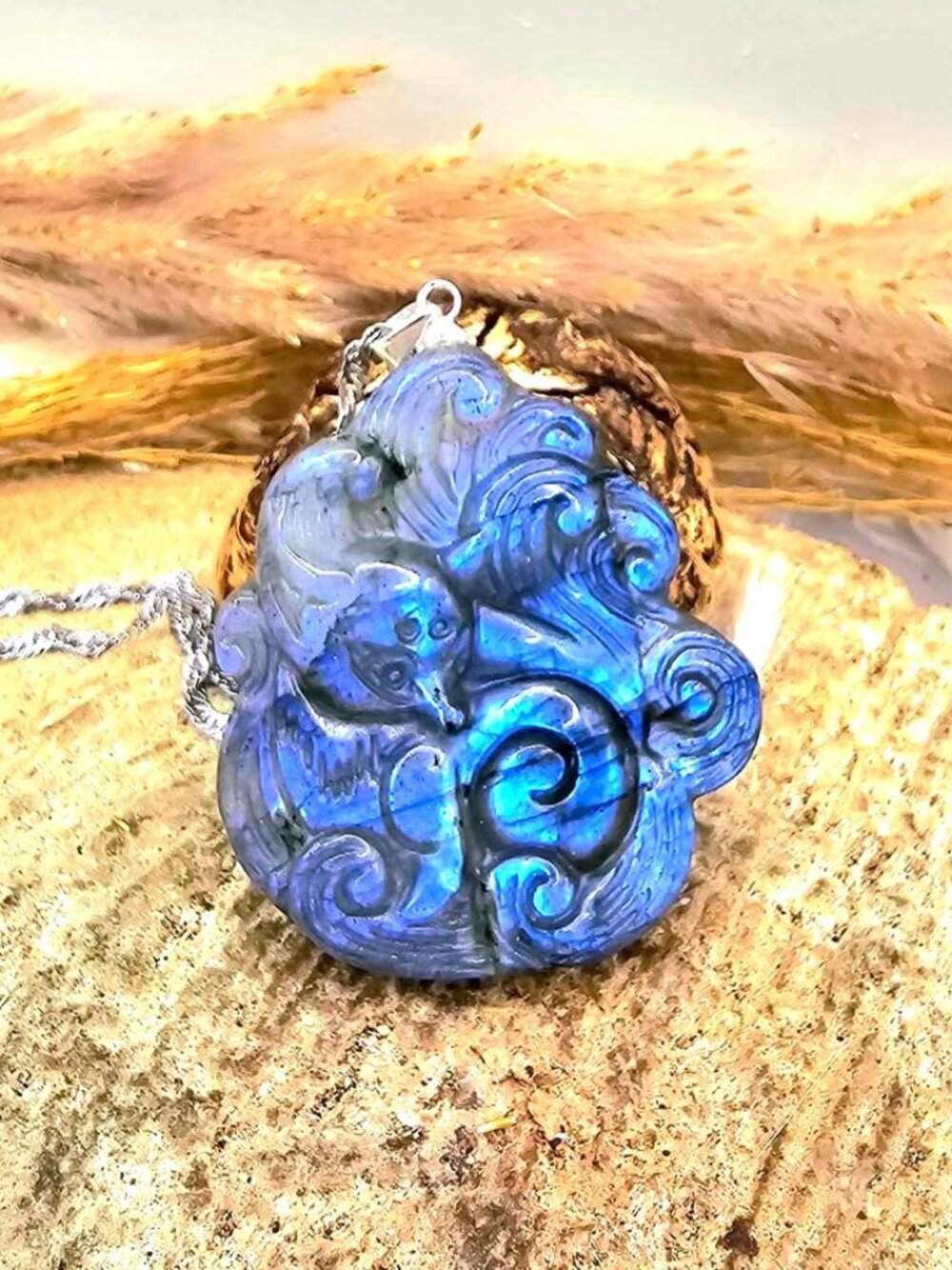 Nature Labradorite Craved Nine Tails fox Pendant Necklace